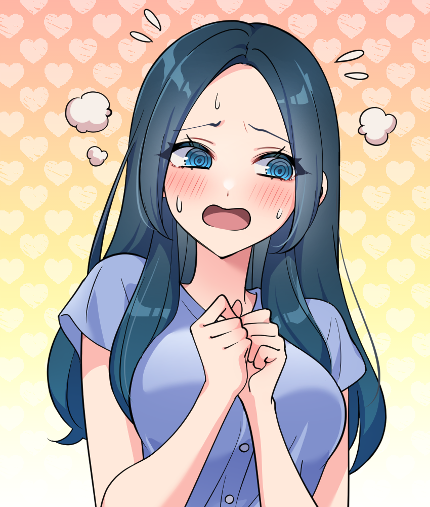 1girl :o @_@ black_hair blue_eyes blue_hair blue_shirt blush breasts embarrassed facing_viewer flying_sweatdrops hands_up heart junjonta medium_breasts nervous_sweating original own_hands_together shirt short_sleeves solo sweat