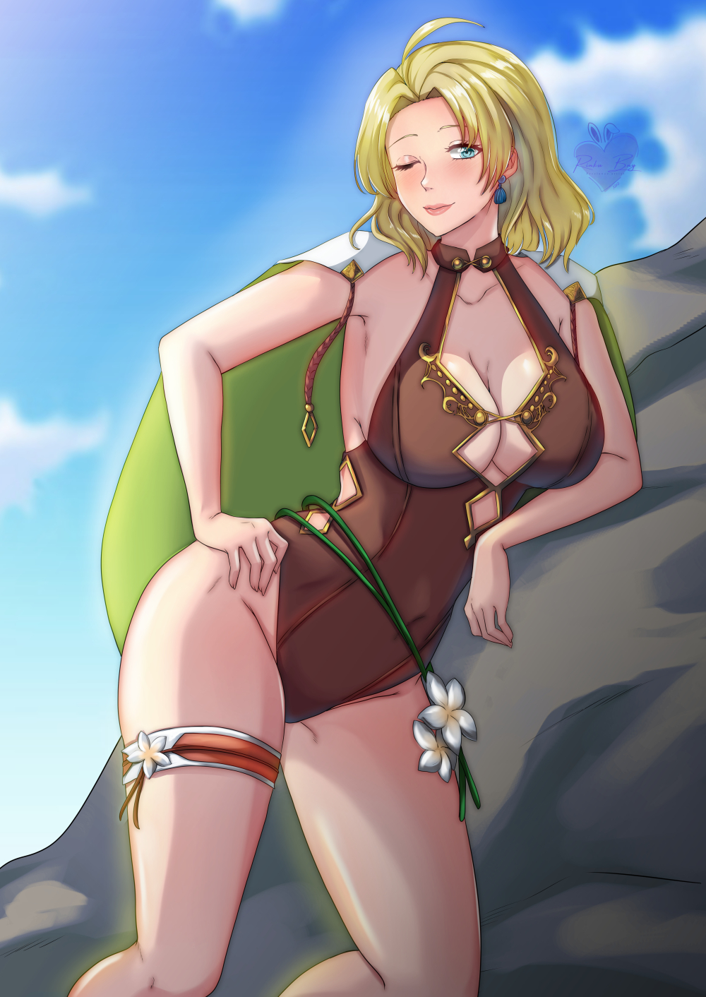 1girl ;) blonde_hair blue_eyes breasts brown_one-piece_swimsuit cape cleavage closed_mouth collarbone commission earrings fire_emblem fire_emblem:_the_sacred_stones fire_emblem_heroes hand_on_own_hip highres jewelry large_breasts nintendo one-piece_swimsuit one_eye_closed rinku_bny selena_(fire_emblem:_the_sacred_stones) selena_(summer)_(fire_emblem:_the_sacred_stones) short_hair smile solo swimsuit