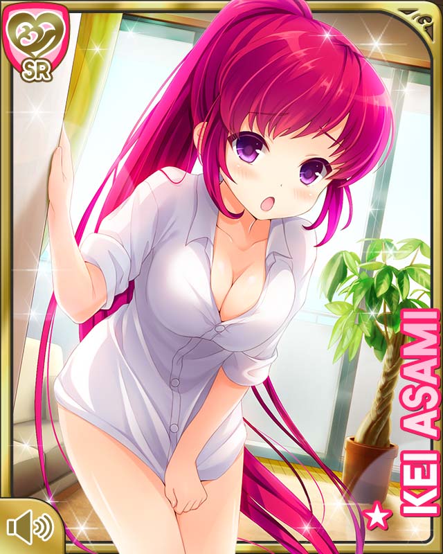 1girl asami_kei breasts cleavage girlfriend_(kari) long_hair medium_breasts non-web_source official_art open_mouth ponytail purple_eyes qp:flapper red_hair shirt solo very_long_hair white_shirt