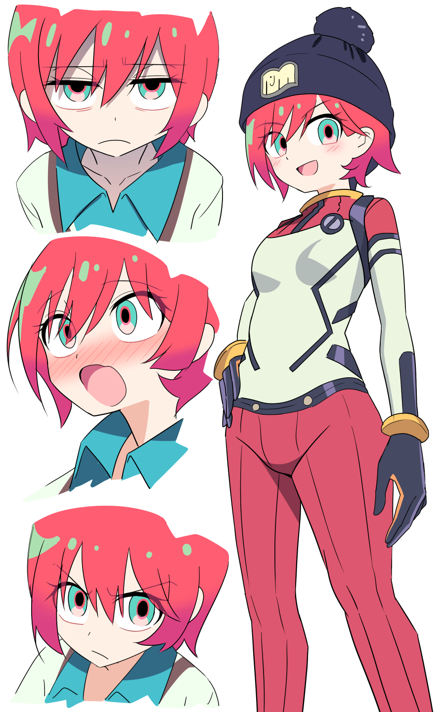 1girl amate_yuzuriha angry annoyed aqua_eyes bodysuit breasts closed_mouth e.o. gundam gundam_gquuuuuux hat highres looking_at_viewer mecha_pilot_suit multicolored_bodysuit normal_suit_(gundam) open_mouth red_hair school_uniform science_fiction shirt short_hair simple_background smile surprised sweater white_background