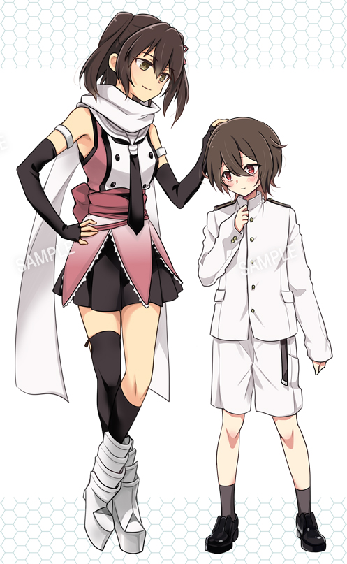 1boy 1girl admiral_(kancolle) asymmetrical_legwear black_gloves black_hair black_neckerchief black_skirt brown_eyes brown_hair buttons double-breasted elbow_gloves fingerless_gloves full_body gloves hand_on_another&#039;s_head jacket kantai_collection kneehighs little_boy_admiral_(kancolle) military_uniform neckerchief pleated_skirt r-king sailor_collar sample_watermark scarf school_uniform sendai_(kancolle) sendai_kai_ni_(kancolle) serafuku short_hair shorts simple_background single_kneehigh single_sock single_thighhigh skirt socks standing thighhighs two_side_up uneven_legwear watermark white_background white_jacket white_sailor_collar white_scarf white_shorts