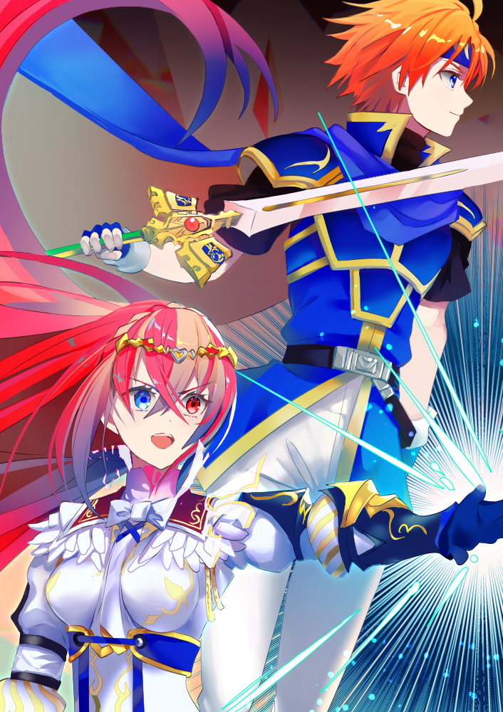 1boy 1girl alear_(female)_(fire_emblem) alear_(fire_emblem) binding_blade_(weapon) blue_eyes cape fire_emblem fire_emblem:_the_binding_blade fire_emblem_engage headband long_hair multicolored_hair nintendo red_hair roy_(fire_emblem) shoochiku_bai short_hair smile two-tone_hair