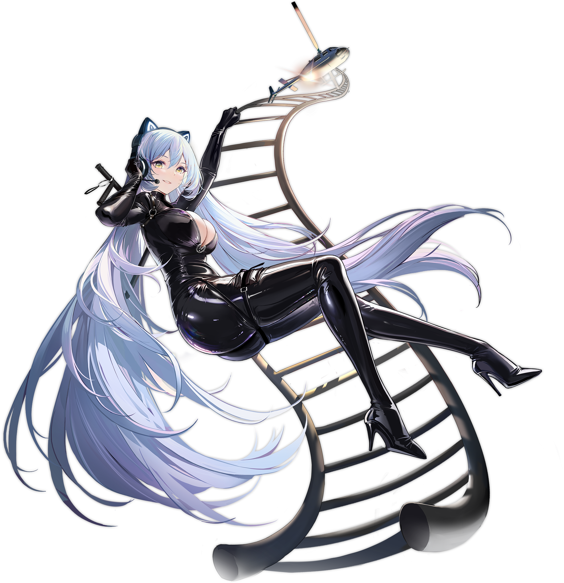 1girl aircraft arkhangelsk_(azur_lane) arkhangelsk_(grandiose_getaway)_(azur_lane) artist_request azur_lane black_bodysuit black_footwear black_gloves bodysuit breasts catsuit cleavage full_body gloves hair_between_eyes headset helicopter high_heels highres ladder large_breasts long_hair microphone official_alternate_costume official_art one_eye_closed parted_lips shiny_clothes silver_hair smile solo transparent_background twintails very_long_hair yellow_eyes