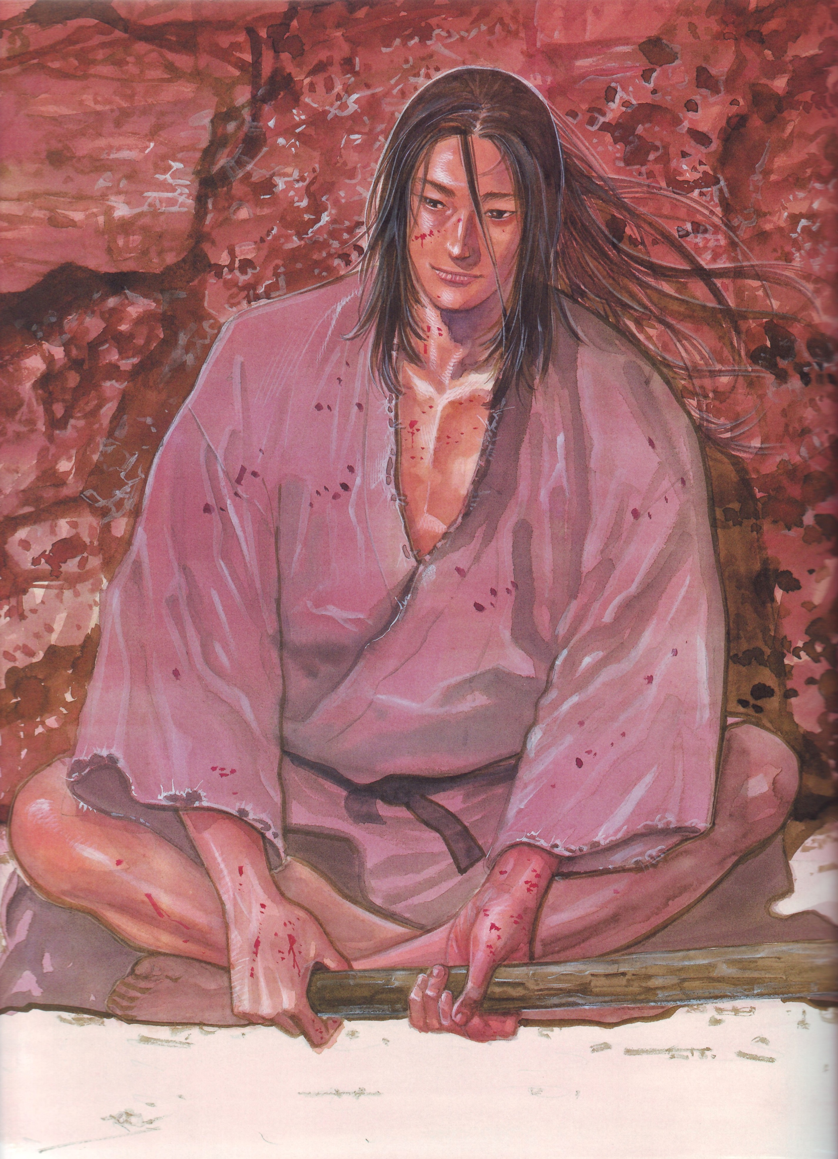 1boy absurdres beach belt blood blood_stain blood_on_clothes brown_eyes brown_hair flying_hair highres holding inoue_takehiko japanese_clothes kimono crossed_legs long_hair male_focus rock sasaki_kojirou sitting smile solo stick vagabond