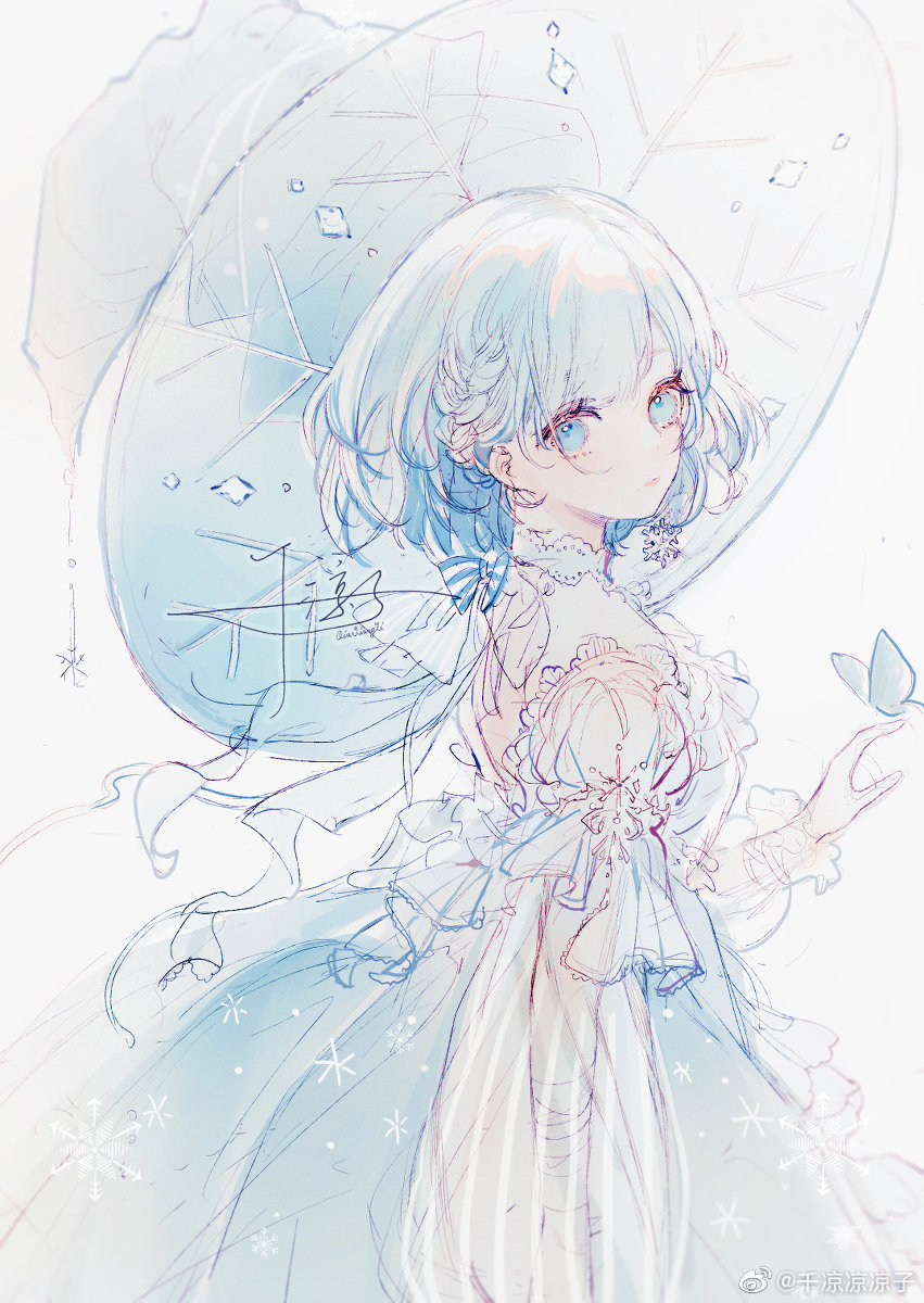 blue_bow blue_butterfly blue_dress blue_eyes blue_hair blue_hat bow braid bug butterfly butterfly_on_hand character_request chinese_commentary commentary_request copyright_request dress eyelashes hat highres insect large_hat layered_sleeves long_sleeves outstretched_hand parted_lips puffy_long_sleeves puffy_short_sleeves puffy_sleeves see-through_clothes see-through_sleeves senryoko short_hair short_over_long_sleeves short_sleeves side_braid signature simple_background single_braid snowflake_print snowflakes standing striped_bow vertical-striped_sleeves watermark weibo_watermark white_background witch_hat