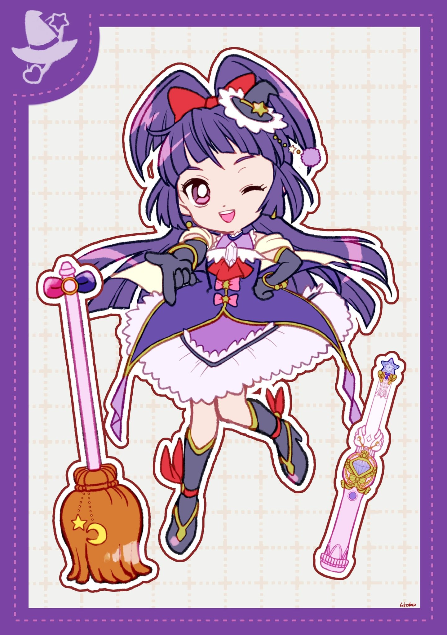 1girl ankle_bow ankle_ribbon ascot bare_shoulders black_gloves black_hat black_shoes black_socks blunt_bangs blunt_ends border bow bow_button bracelet bright_pupils broom cure_magical deformed dot_nose dotted_line dress earrings elbow_gloves eyelashes floating_clothes floating_hair frilled_dress frills full_body gloves gold_bracelet grey_background grid_background hair_bow hand_on_own_hip happy hat hat_ornament high_heels high_ponytail highres izayoi_liko jewelry kneehighs layered_dress leg_up long_hair looking_at_viewer magical_girl mahou_girls_precure! medium_dress mini_hat mini_witch_hat one_eye_closed open_mouth outline pink_bow pointing ponytail precure purple_border purple_dress purple_eyes purple_hair red_ascot red_bow ribbon shawl shoes short_ponytail signature sleeveless sleeveless_dress smile socks solo split_ponytail star_(symbol) star_earrings star_hat_ornament star_wand stiletto_heels teeth upper_teeth_only uwded_207 very_long_hair white_outline white_pupils white_shawl witch_hat