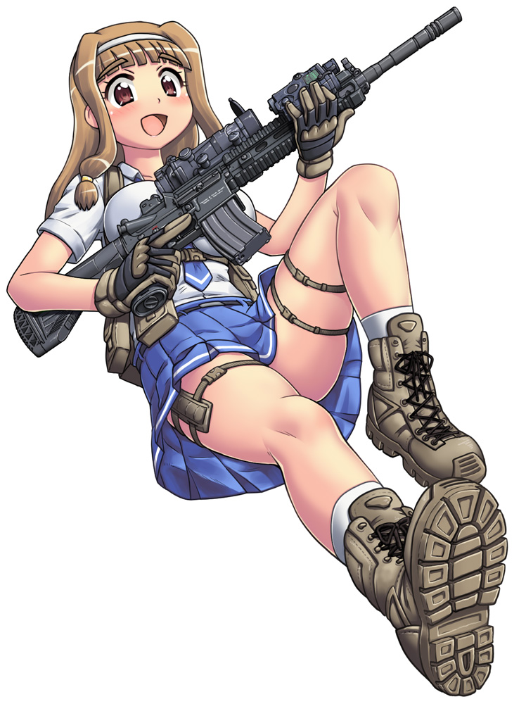 1girl assault_rifle blue_necktie blue_skirt boots breasts brown_boots brown_eyes brown_hair commentary_request full_body gun hairband hase_yu holding holding_gun holding_weapon large_breasts low-tied_sidelocks m4_carbine miniskirt necktie open_mouth original pleated_skirt rifle school_uniform scope sidelocks skirt smile solo thigh_strap trigger_discipline two-tone_gloves weapon white_hairband