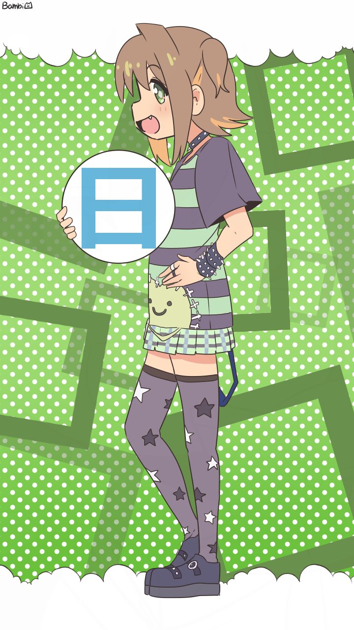1girl :d artist_name bambi2000line black_choker black_shoes black_thighhighs brown_hair choker colored_inner_hair commentary diamond-shaped_pupils diamond_(shape) fang from_side full_body green_background green_eyes hand_on_own_hip highres jewelry looking_at_viewer miniskirt multicolored_hair official_alternate_costume oka_asahi onii-chan_wa_oshimai! open_mouth orange_hair polka_dot polka_dot_background print_thighhighs ring shirt shoes short_hair short_sleeves simple_background skirt smile solo spiked_wristband standing star_(symbol) star_print studded_choker symbol-shaped_pupils t-shirt thighhighs translation_request two-tone_hair two_side_up zettai_ryouiki
