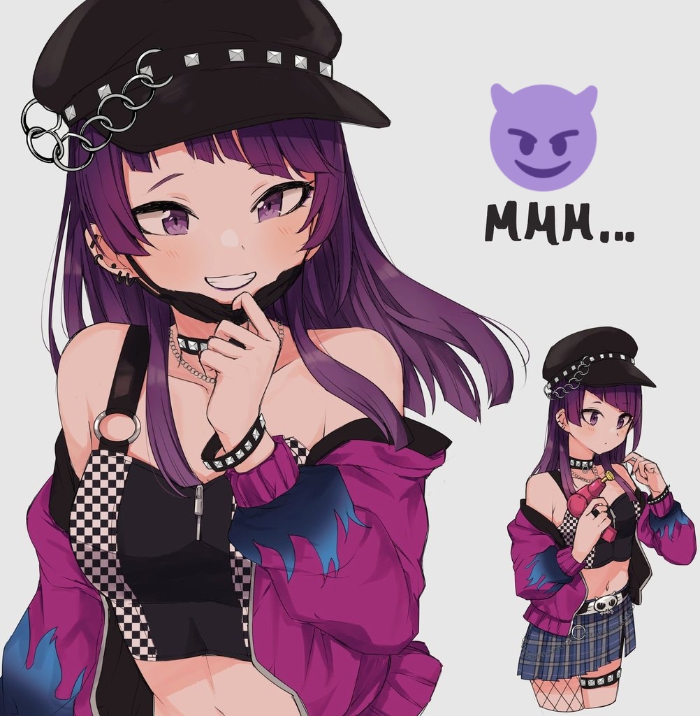 1girl bare_shoulders belt black_choker black_hat black_mask black_shirt blue_skirt blush bracelet choker commentary_request demon_emoji ear_piercing fishnets hanetsuka hat holding idolmaster idolmaster_shiny_colors jacket jewelry long_hair midriff multiple_views navel necklace open_clothes open_jacket piercing plaid_clothes plaid_skirt purple_eyes purple_hair purple_jacket shirt simple_background skirt skull_belt smile tanaka_mamimi white_background