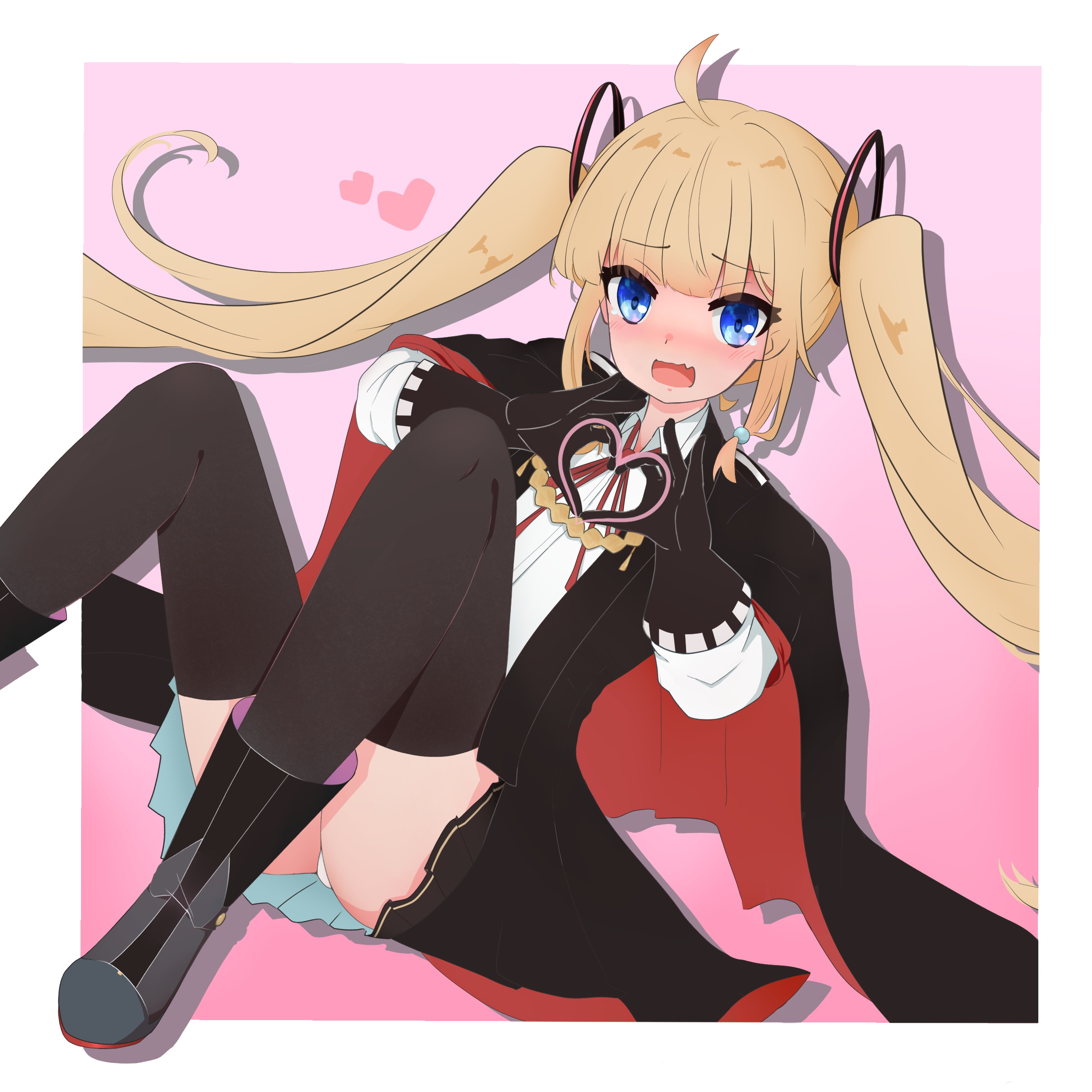 1girl absurdres ahoge amazon_(azur_lane) azur_lane black_cape black_gloves black_thighhighs blonde_hair blue_eyes blush border cape fang gloves hagulumant hands_up heart heart_hands highres long_hair looking_at_viewer open_mouth outside_border panties pantyshot pink_background simple_background skin_fang solo thighhighs twintails underwear white_border white_panties