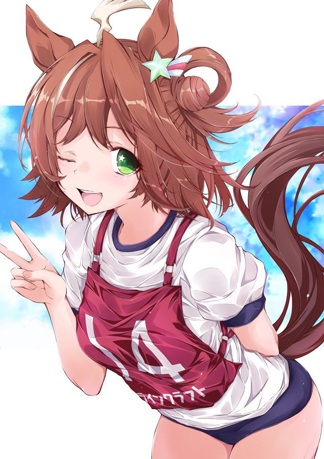 1girl alternate_costume animal_ears blush breasts brown_hair buruma cloud commentary_request green_eyes hair_between_eyes hair_ornament horse_ears horse_girl horse_tail looking_at_viewer medium_breasts one_eye_closed open_mouth rhein_kraft_(umamusume) sky solo star_(symbol) star_hair_ornament tail umamusume v yumesato_makura