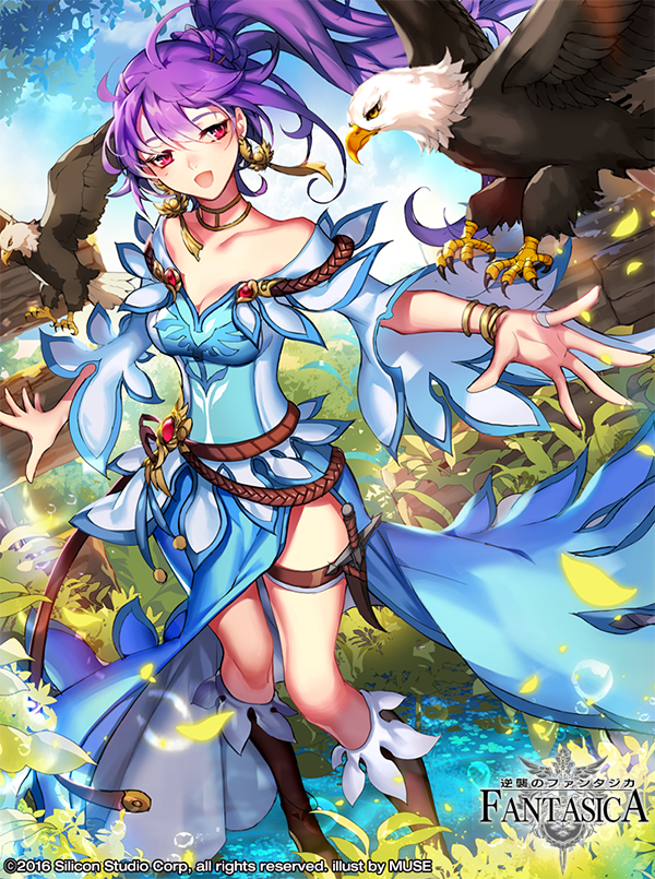 1girl artist_name barefoot bird boots bracelet company_name copyright_name dagger eagle earrings female_focus gyakushuu_no_fantasica jewelry knife leaf long_hair muse_(rainforest) open_mouth ponytail purple_hair red_eyes rock sky solo weapon