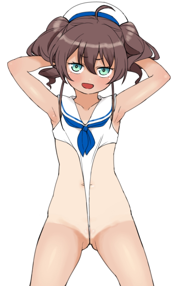1girl ahoge aqua_eyes armpits arms_behind_head brown_hair flat_chest hair_between_eyes hat hololive looking_at_viewer natsuiro_matsuri navel okunin open_mouth sailor_collar sailor_hat simple_background smile solo stomach sweat swimsuit tan tanline virtual_youtuber white_background