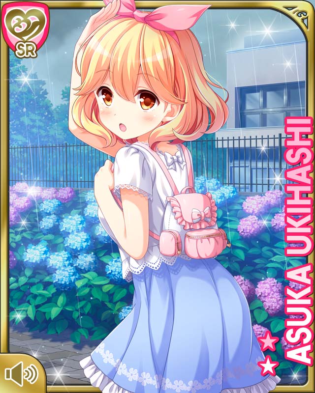 1girl arm_up backpack bag blonde_hair blue_dress bow breasts brown_eyes card_(medium) day dress from_behind girlfriend_(kari) hair_bow medium_breasts official_art open_mouth outdoors pink_bow qp:flapper rain shirt short_hair solo tagme ukihashi_asuka walking white_shirt