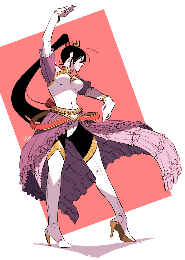 1girl arm_up black_hair black_pantyhose boots bracelet breasts commentary_request dancing dragon_quest dragon_quest_xi dress earrings floating_clothes floating_hair gloves gold_bracelet gold_choker gold_trim high_heel_boots high_heels high_ponytail jewelry kamei_(yokoshima-ko) leotard martina_(dq11) medium_breasts off-shoulder_dress off_shoulder official_alternate_costume pantyhose ponytail princess profile puffy_short_sleeves puffy_sleeves purple_skirt short_sleeves simple_background skirt smile solo thigh_boots tiara white_boots white_gloves white_leotard