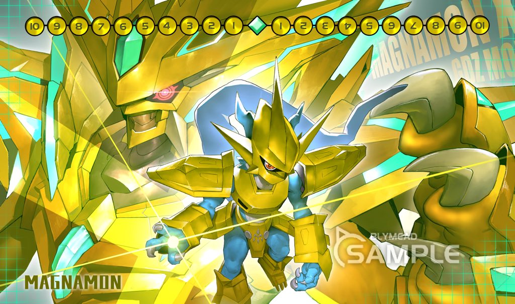 alternate_form armor artist_name blue_skin bly_mead character_name chest_jewel colored_skin digimon digimon_card_game dragon fewer_digits forehead_jewel gold_armor gold_footwear gold_helmet magnamon magnamon_x-antibody orange_skin powering_up red_eyes sample_watermark watermark white_skin