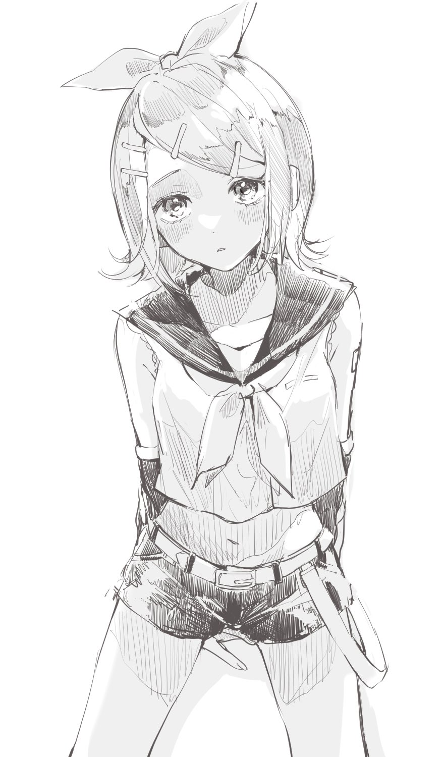 1girl arms_behind_back bare_shoulders belt belt_buckle black_sailor_collar black_shorts bow breasts buckle collarbone crop_top greyscale hair_bow hair_ornament hairclip hatching_(texture) head_tilt headphones headset highres kagamine_rin linear_hatching looking_at_viewer midriff monochrome navel neckerchief number_tattoo paripariparingo sailor_collar shirt short_hair short_shorts shorts shoulder_tattoo sleeveless sleeveless_shirt small_breasts solo swept_bangs tattoo vocaloid