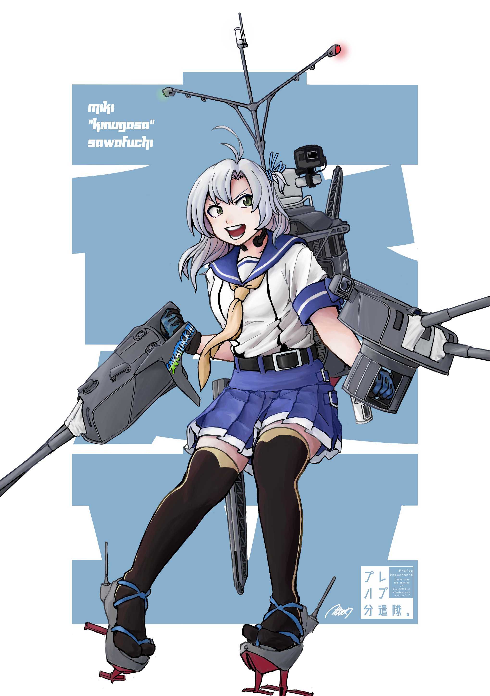 1girl absurdres action_camera antenna_hair belt black_thighhighs blue_skirt breasts cannon crane_(machine) english_text engrish_text full_body gloves green_eyes grey_hair hair_intakes hair_tie highres kantai_collection kinugasa_(kancolle) kinugasa_kai_ni_(kancolle) machinery medium_hair necktie open_mouth ranguage ribbon rigging sailor_collar sandals school_uniform serafuku ship_turret short_twintails skirt solo thighhighs throat_microphone tsukigime twintails video_camera yellow_necktie zettai_ryouiki