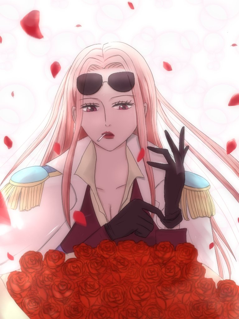 1girl bouquet cigarette commentary_request epaulettes eyelashes eyewear_on_head falling_petals floating_hair flower furansunopanya gloves hina_(one_piece) holding holding_bouquet long_hair one_piece petals pink_hair red_flower red_petals red_rose rose upper_body