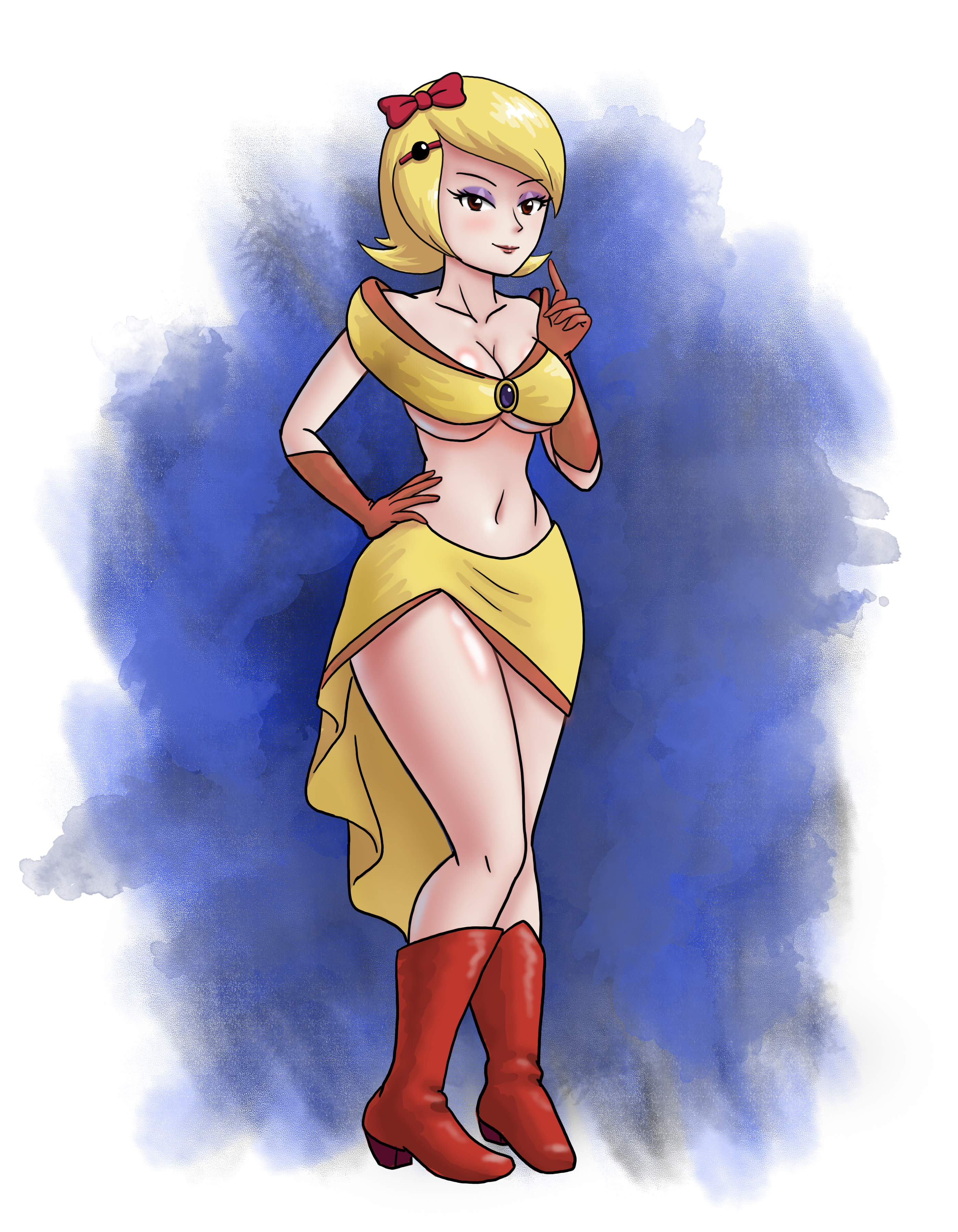 1girl absurdres bandai_namco blonde_hair boots breasts brown_eyes cleavage feet female_focus from_side full_body gloves hand_on_own_hip highres humanization large_breasts looking_at_another ms_pac-man namco orange_gloves pac-man ribbon saf-404 short_hair skirt solo_focus standing thighhighs yellow_skirt