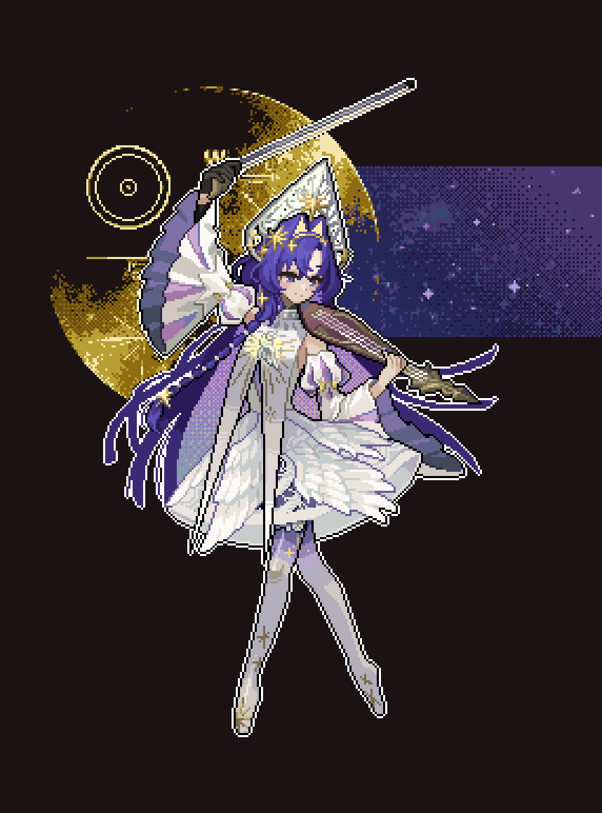 17antares 1girl arm_up bare_shoulders black_background blonde_hair blue_eyes blue_hair bow_(music) colored_inner_hair detached_sleeves dress full_body gloves gradient_pantyhose hair_intakes hair_ornament holding holding_bow_(music) holding_instrument instrument juliet_sleeves kokoshnik long_hair long_sleeves looking_to_the_side multicolored_hair official_alternate_costume pantyhose pixel_art puffy_sleeves reverse:1999 short_dress single_glove solo star_(sky) star_(symbol) star_hair_ornament turning_head very_long_hair voyager_(choir_of_the_stars)_(reverse:1999) voyager_(reverse:1999) voyager_golden_record white_dress white_pantyhose wide_sleeves