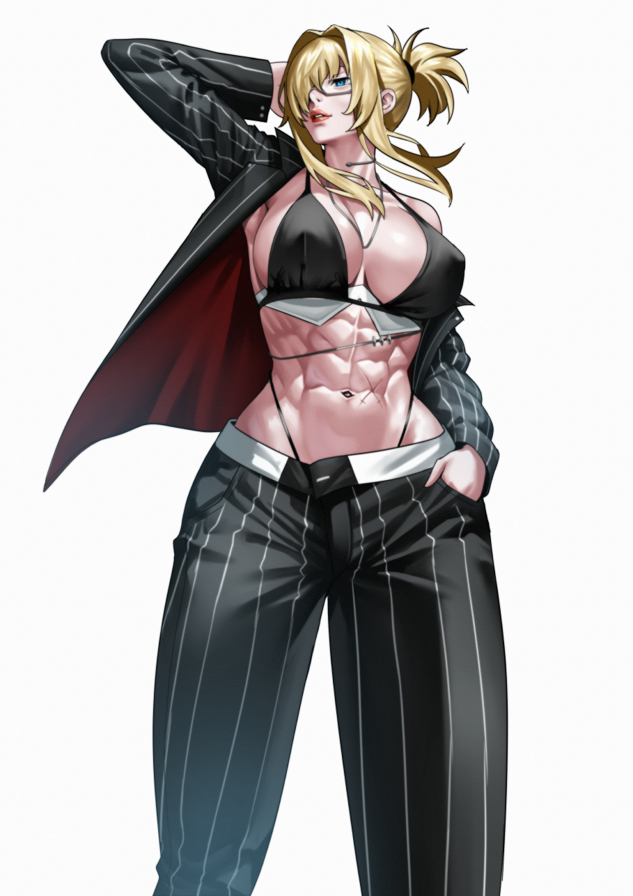 1girl abs arm_up bikini black_bikini black_jacket black_pants blonde_hair blue_eyes breasts cleavage collar collarbone commentary english_commentary engrish_commentary glasses goddess_of_victory:_nikke grave_(beautiful_you)_(nikke) grave_(nikke) hair_between_eyes hair_over_one_eye hand_in_pocket highleg highleg_bikini highres jacket jewelry large_breasts long_hair long_sleeves metal_collar navel necklace off_shoulder official_alternate_costume open_clothes open_jacket pants parted_lips pinstripe_jacket pinstripe_pants pinstripe_pattern ponytail scar scar_on_stomach short_ponytail sidelocks simple_background single_bare_shoulder solo standing stomach swimsuit white_background zinfian