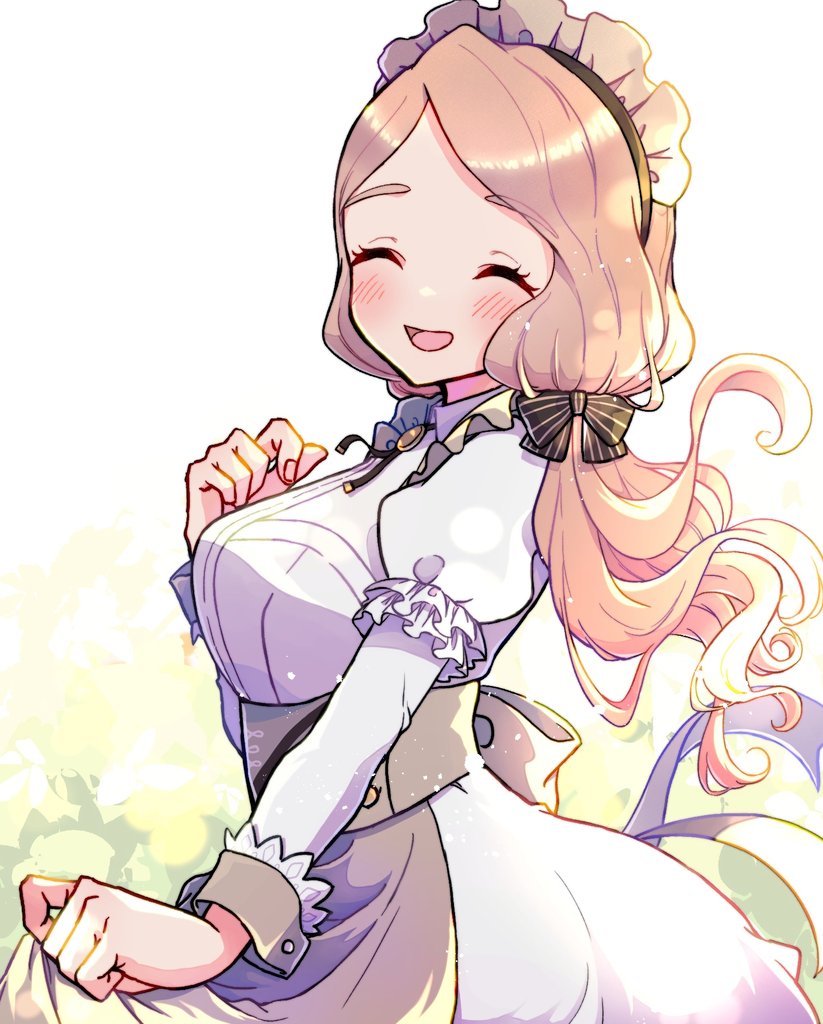 1girl breasts closed_mouth clothes_lift commentary_request dress dress_lift fire_emblem fire_emblem:_three_houses fire_emblem_heroes gogatsu_(yeaholiday) hair_ribbon hand_on_own_chest light_brown_hair long_hair low_ponytail maid maid_headdress medium_breasts mercedes_von_martritz mercedes_von_martritz_(tea_party) nintendo official_alternate_costume open_mouth ponytail ribbon solo waitress