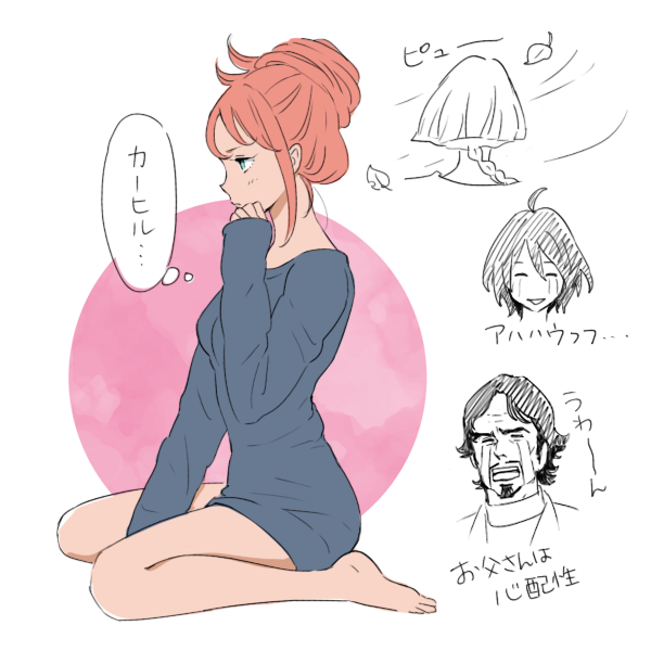 1girl aida_rayhunton barefoot bellri_zenam breasts closed_mouth crying feet green_eyes gundam gundam_g_no_reconguista hair_bun kei-co medium_hair monochrome open_mouth orange_hair oversized_clothes ponytail single_hair_bun smile