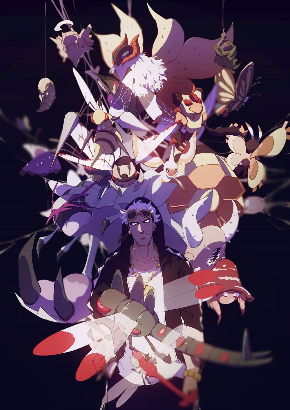 1boy arm_tattoo beautifly beedrill black_hair black_jacket black_pants blurry burmy burmy_(plant) commentary dustox eyewear_on_head gen_1_pokemon gen_2_pokemon gen_3_pokemon gen_4_pokemon gen_5_pokemon gen_7_pokemon golisopod guzma_(pokemon) highres hood hood_up hooded_jacket jacket kakuna male_focus masquerain mothim multicolored_hair ninjask nintendo no-kan pants parasect pinsir pokemon pokemon_(creature) pokemon_sm shedinja shirt sunglasses tattoo team_skull two-tone_hair undercut vespiquen volcarona white_hair white_shirt yanma yanmega yellow-framed_eyewear