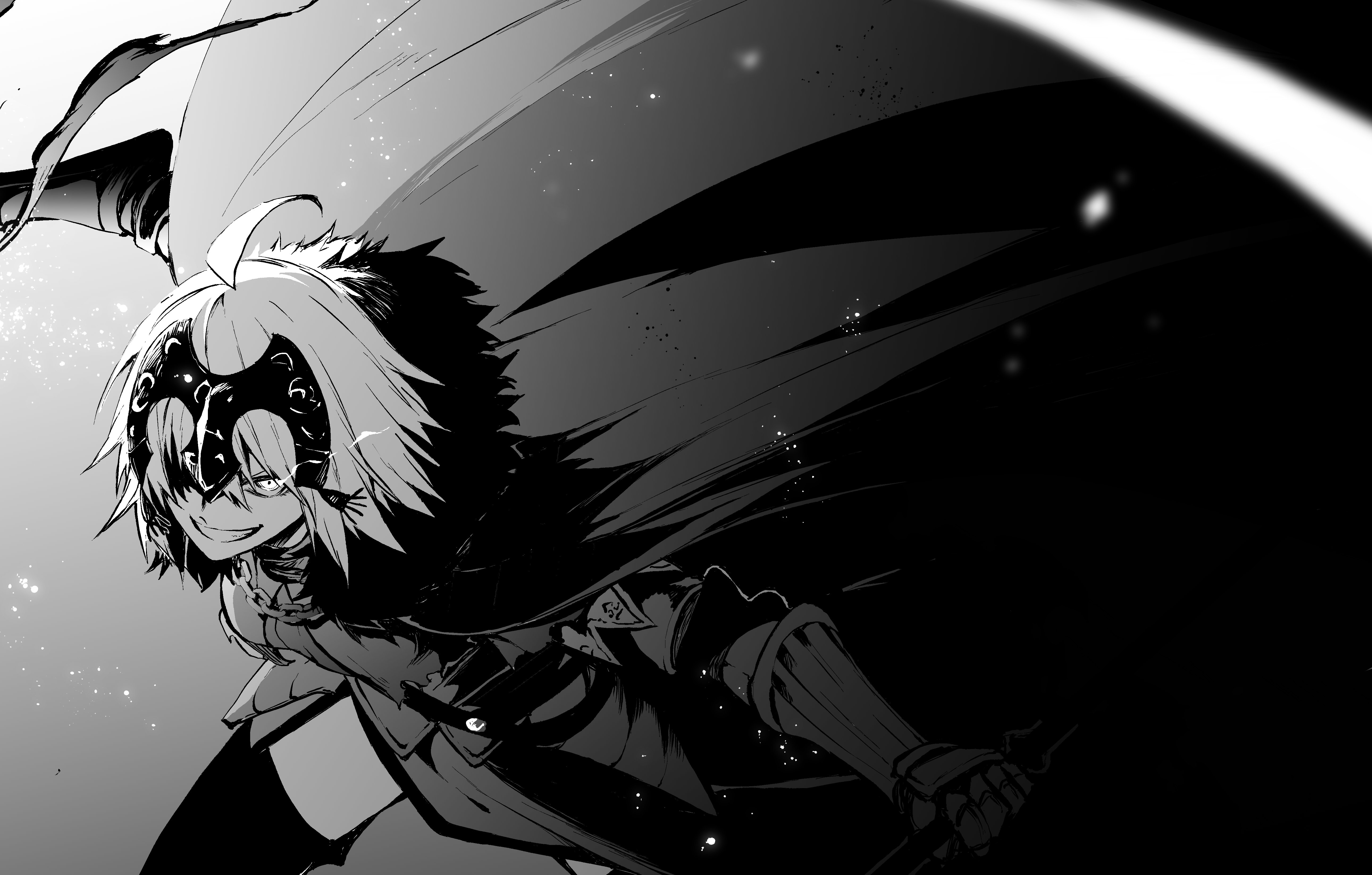1girl absurdres ahoge cape chain fate/grand_order fate_(series) female_focus fur-trimmed_cape fur_trim gauntlets glowing glowing_eye greyscale grin highres holding holding_sword holding_weapon jeanne_d'arc_(fate) jeanne_d'arc_alter_(avenger)_(fate) jeanne_d'arc_alter_(fate) monochrome smile solo sword thighhighs tsukamoto_minori weapon