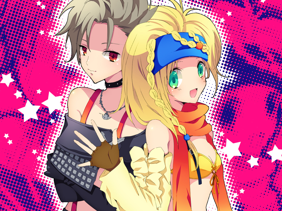 00s 2girls bare_shoulders bikini bikini_top_only blonde_hair choker crossed_arms endresswlts female_focus final_fantasy final_fantasy_x final_fantasy_x-2 fingerless_gloves gloves green_eyes grey_hair headband jewelry long_hair multiple_girls necklace open_mouth paine red_eyes rikku_(ff10) rugo scarf short_hair suspenders swimsuit waving
