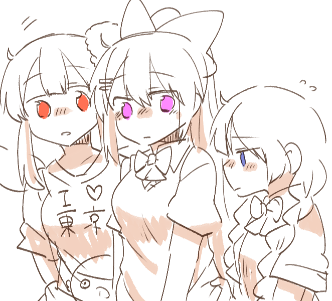 3girls blue_eyes blush blush_stickers bow braid breasts chibi clothes_writing collared_shirt elu_(1st_costume)_(nijisanji) elu_(nijisanji) fairy_wings flying_sweatdrops hair_over_shoulder higuchi_kaede higuchi_kaede_(3rd_costume) i_heart... long_hair low_twintails medium_breasts monochrome multiple_girls nijisanji nose_blush profile purple_eyes rebecca_(keinelove) red_eyes school_uniform shirt short_sleeves simple_background spot_color sweater_vest tsukino_mito tsukino_mito_(summer_uniform) twin_braids twintails very_long_hair virtual_youtuber white_background wings