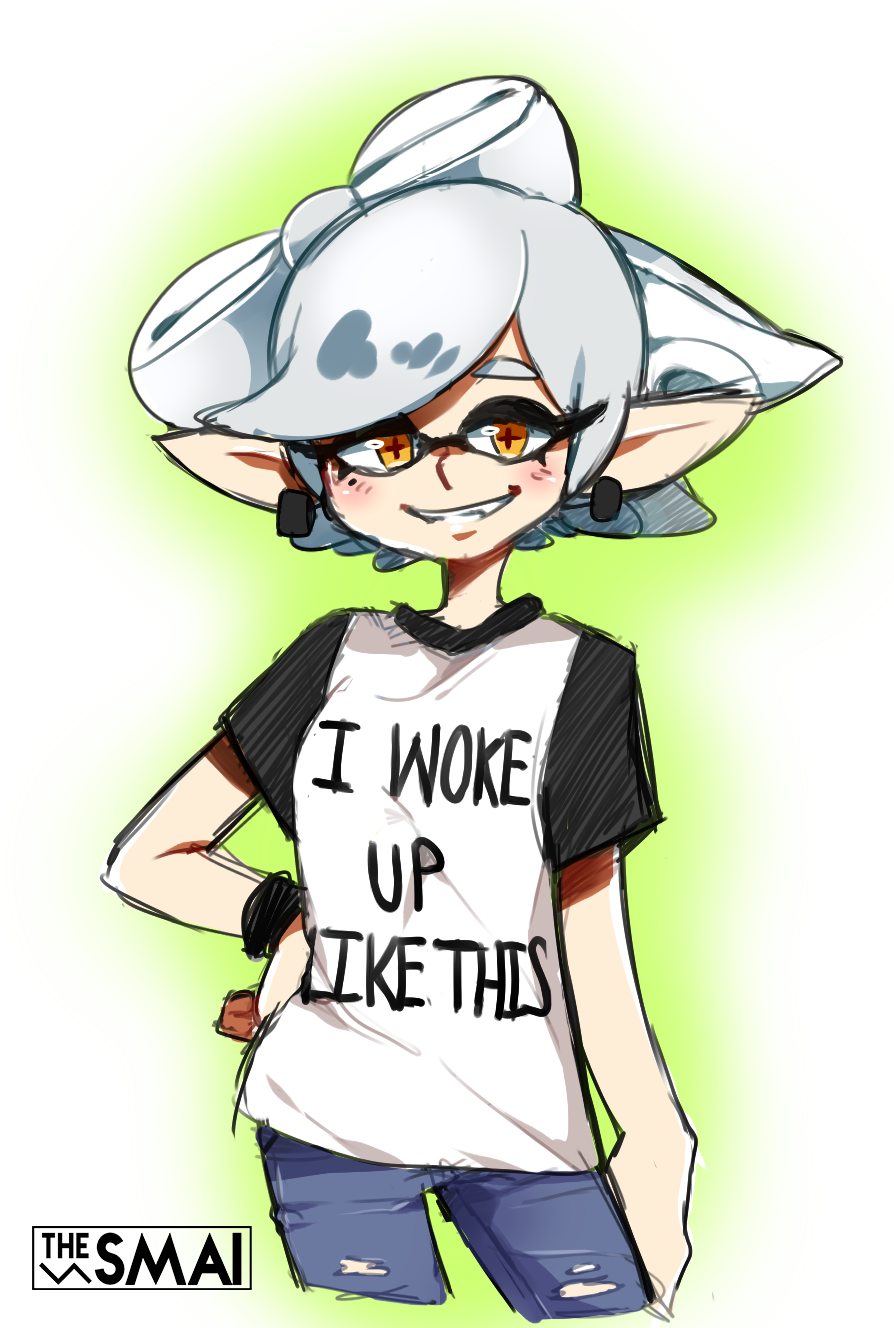 +_+ 1girl blush_stickers clothes_writing denim earrings english_text female_focus food food_on_head grin highres inkling jeans jewelry marie_(splatoon) meme mole mole_under_eye nintendo object_on_head pants pointy_ears raglan_sleeves sami_briggs shirt short_hair smile solo splatoon_(series) splatoon_1 t-shirt tentacle_hair torn_clothes torn_jeans torn_pants yellow_eyes