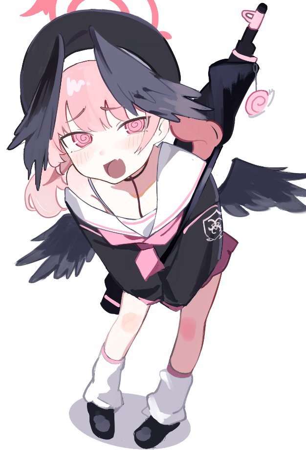 1girl @_@ beret black_hat black_shirt black_shoes black_wings blue_archive blush bolt_action charm_(object) fang feathered_wings full_body gun halo hat head_wings koharu_(blue_archive) leaning_forward long_sleeves looking_at_viewer loose_socks low_wings neckerchief off_shoulder open_mouth p14_enfield pink_eyes pink_hair pink_halo pink_neckerchief rifle rotroto sailor_collar school_uniform shirt shoes simple_background single_bare_shoulder skin_fang skirt snail socks solo twintails weapon weapon_charm white_background white_sailor_collar white_socks winged_hat wings
