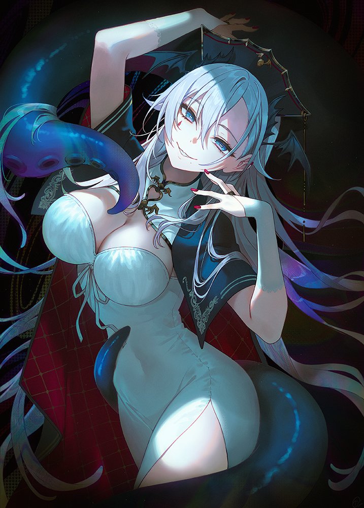 1girl arm_above_head black_cloak blue_eyes breasts bridal_gauntlets cleavage cleavage_cutout cloak clothing_cutout commentary_request cowboy_shot dalachi_(headdress) dress elbow_gloves gloves grey_hair hair_between_eyes hand_up head_wings heart_cutout horizontal_pupils indie_virtual_youtuber large_breasts long_hair mole mole_under_mouth multicolored_hair nagu parted_bangs pochimaru_(vtuber) red_cloak red_nails side_slit smile solo teardrop_facial_mark teeth tentacles two-tone_cloak very_long_hair virtual_youtuber white_bridal_gauntlets white_dress white_gloves wings