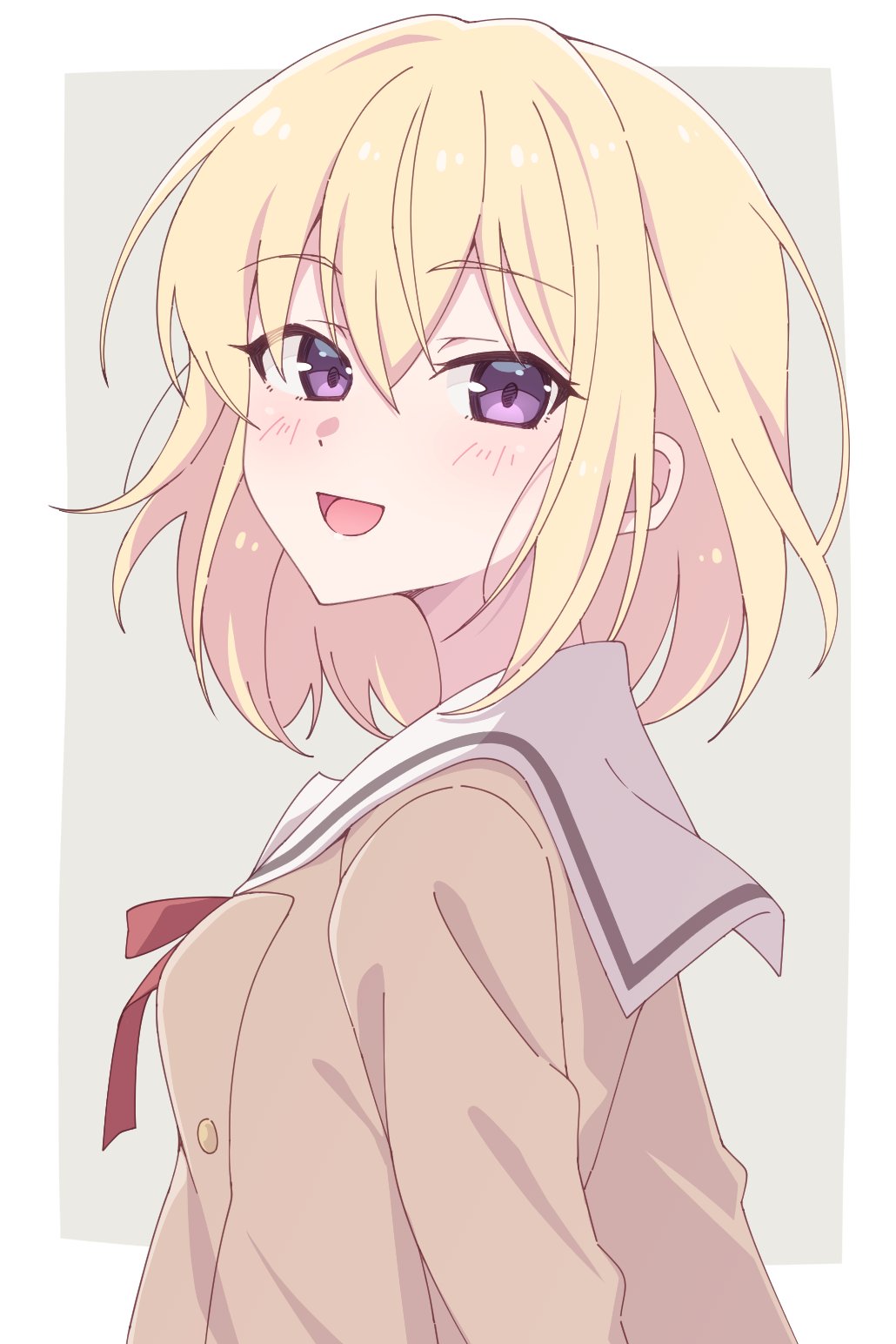 1girl bang_dream! bang_dream!_it&#039;s_mygo!!!!! blonde_hair blush border brown_dress commentary_request dress e20 grey_background highres looking_at_viewer medium_hair misumi_uika open_mouth purple_eyes sailor_collar sailor_dress simple_background solo white_border white_sailor_collar