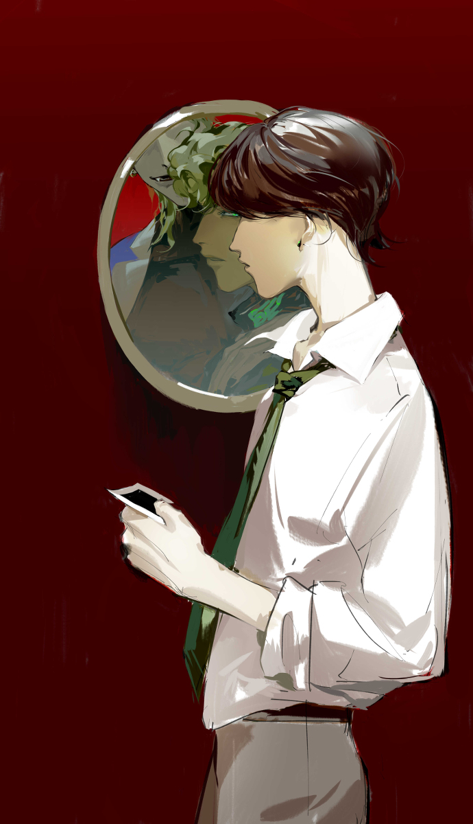 2boys birthmark blonde_hair collared_shirt different_reflection dio_brando dual_persona fangs giorno_giovanna green_eyes green_necktie haruno_shiobana highres holding holding_photo joestar_birthmark jojo_no_kimyou_na_bouken kou_zhua long_sleeves male_focus mirror multiple_boys necktie photo_(object) red_background reflection shirt short_hair shoulder_tattoo star_tattoo tattoo vento_aureo white_shirt