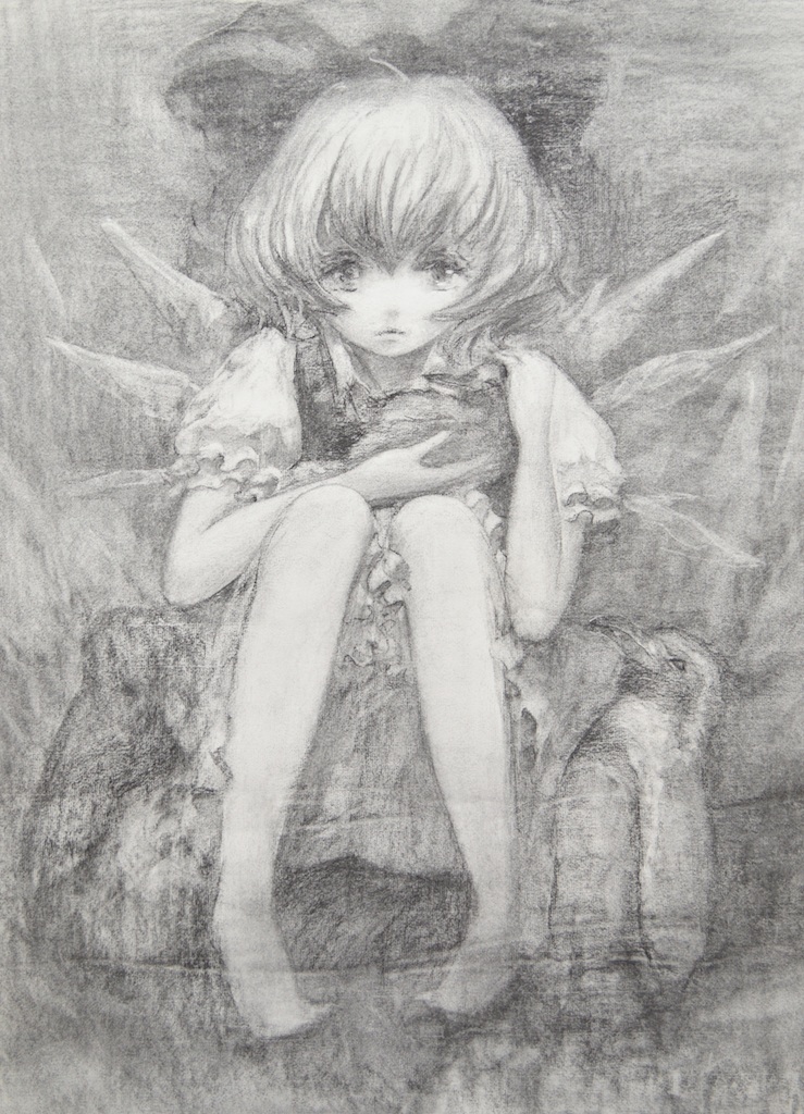 1girl animal bad_id bad_pixiv_id barefoot bird bloomers bow charcoal_(medium) cirno dress frilled_dress frilled_sleeves frills frown greyscale hair_bow holding knees_together_feet_apart koneneko looking_at_viewer monochrome penguin pigeon-toed puffy_short_sleeves puffy_sleeves short_hair short_sleeves sitting touhou traditional_media underwear