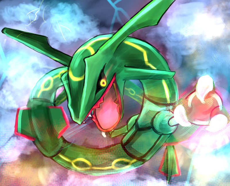 claws cloud commentary gen_3_pokemon kumaoka_pon legendary_pokemon looking_at_viewer nintendo no_humans open_mouth outdoors outstretched_arm pokemon pokemon_(creature) rayquaza shadow sharp_teeth sky solo teeth yellow_eyes