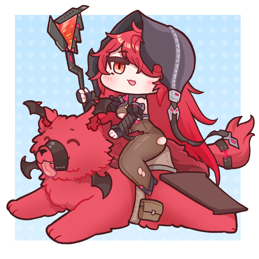 1girl :3 blush bodysuit breasts brunhild_(last_origin) bulga chibi full_body garmr_(last_origin) hair_over_one_eye hood last_origin long_hair looking_at_viewer looking_to_the_side open_mouth riding staff torn_bodysuit torn_clothes very_long_hair wolf