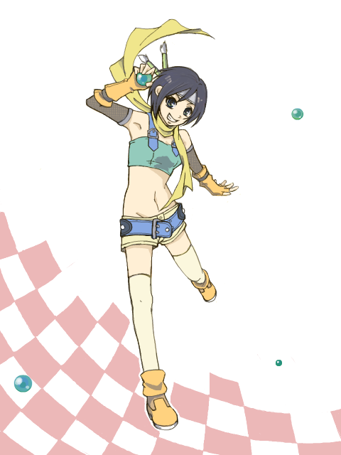 1girl arm_up belt black_hair blue_belt bob_cut boots checkered_background crop_top elbow_gloves final_fantasy final_fantasy_vii fishnet_gloves fishnets foreshortening full_body gloves green_shirt grey_eyes grin happy headband holding_orb kingdom_hearts kingdom_hearts_i looking_at_viewer materia midriff navel orange_boots orange_gloves outline running scarf shirt short_hair short_shorts shorts smile tegaki thighhighs white_background white_outline white_thighhighs yellow_scarf yellow_shorts yuffie_kisaragi yukiyo_usa