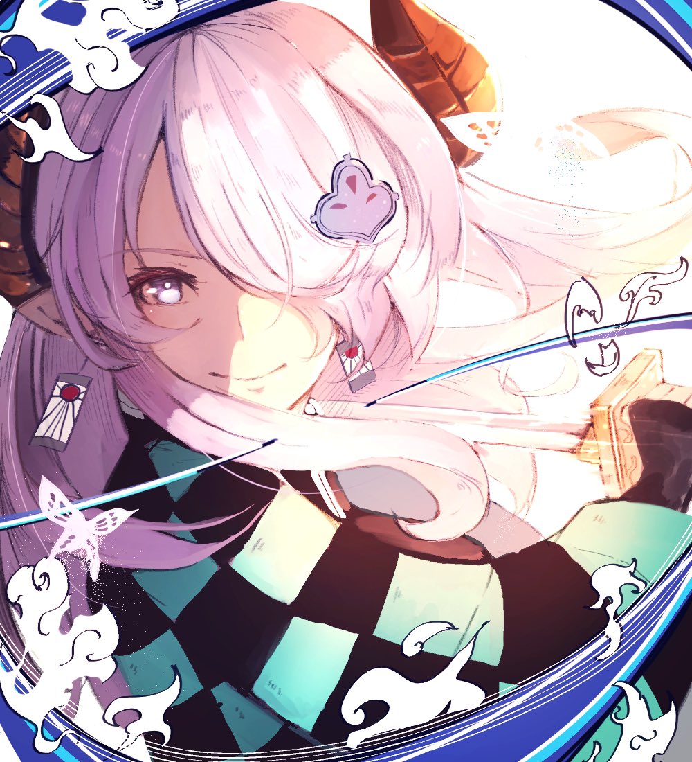1girl checkered_haori cosplay drawing_sword earrings granblue_fantasy hair_ornament hair_over_one_eye hanafuda haori holding holding_sword holding_weapon horns japanese_clothes jewelry kamado_tanjirou kamado_tanjirou_(cosplay) katana kimetsu_no_yaiba long_hair narmaya_(granblue_fantasy) pointy_ears purple_eyes purple_hair solo sword tiaki208 weapon
