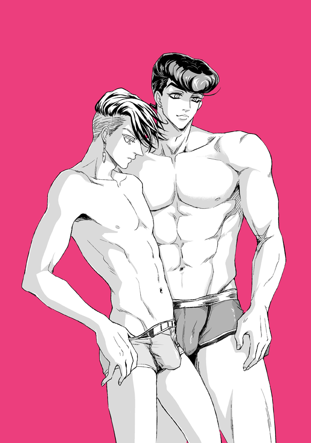 2boys abs briefs bulge diamond_wa_kudakenai higashikata_josuke jojo_no_kimyou_na_bouken kishibe_rohan male_focus male_underwear monochrome multiple_boys no_headband pompadour size_difference sumo_(komokomo1201) toned toned_male topless_male undercut underwear