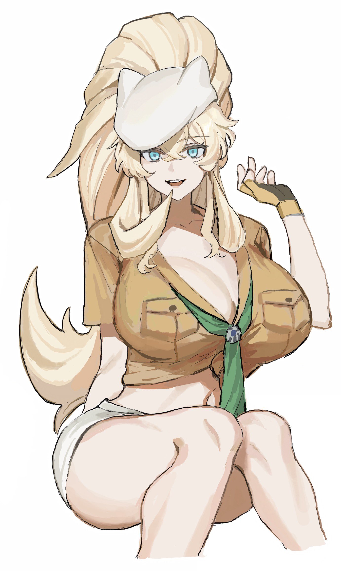 1girl 42u16 barghest_(fate) barghest_(swimsuit_archer)_(fate) barghest_(swimsuit_archer)_(first_ascension)_(fate) blonde_hair blue_eyes breast_pocket breasts cleavage commentary_request crop_top crossed_bangs fate/grand_order fate_(series) fingerless_gloves gloves green_neckerchief hat highres huge_breasts long_hair looking_at_viewer neckerchief open_mouth orange_shirt pocket ponytail shirt short_shorts short_sleeves shorts simple_background sitting solo white_background white_hat