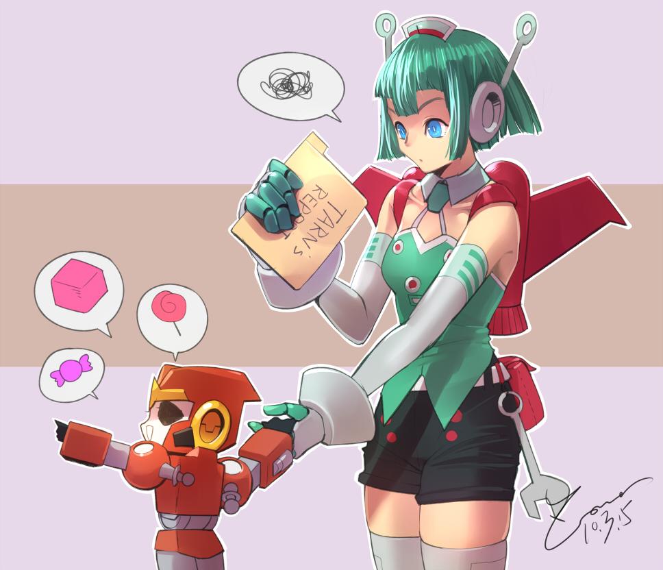 black_shorts blue_eyes commentary detached_sleeves english_commentary folder green_hair holding_hands humanization humanoid_robot jetpack kaon_(transformers) nickel_(transformers) robot short_hair shorts the_transformers_(idw) transformers zoner