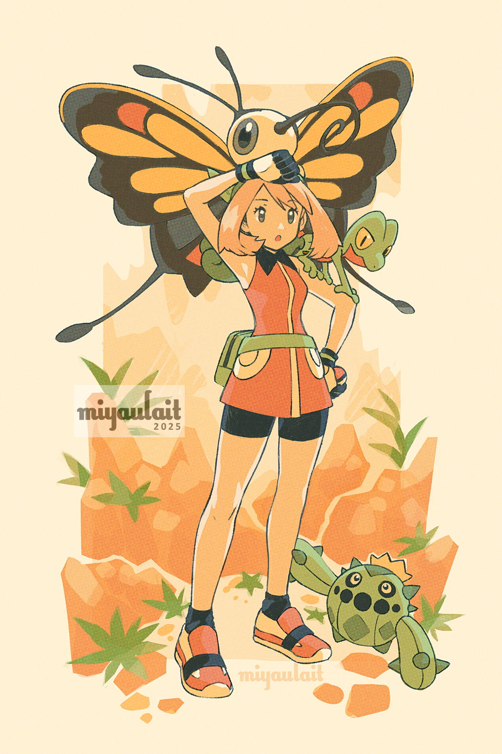 1girl bandana beautifly bike_shorts blue_eyes breasts brown_hair cacnea creatures_(company) fanny_pack game_freak gen_3_pokemon gloves green_bag green_bandana highres may_(pokemon) miyaulait nintendo open_mouth pokemon pokemon_(creature) pokemon_emerald pokemon_rse shirt shorts sleeveless treecko