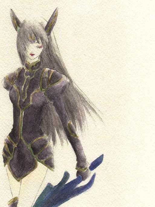 1girl armor bad_id bad_pixiv_id black_hair breasts female_focus gloves headgear hizumi_(color_escape) long_hair rose_(dragoon) solo sword the_legend_of_dragoon weapon