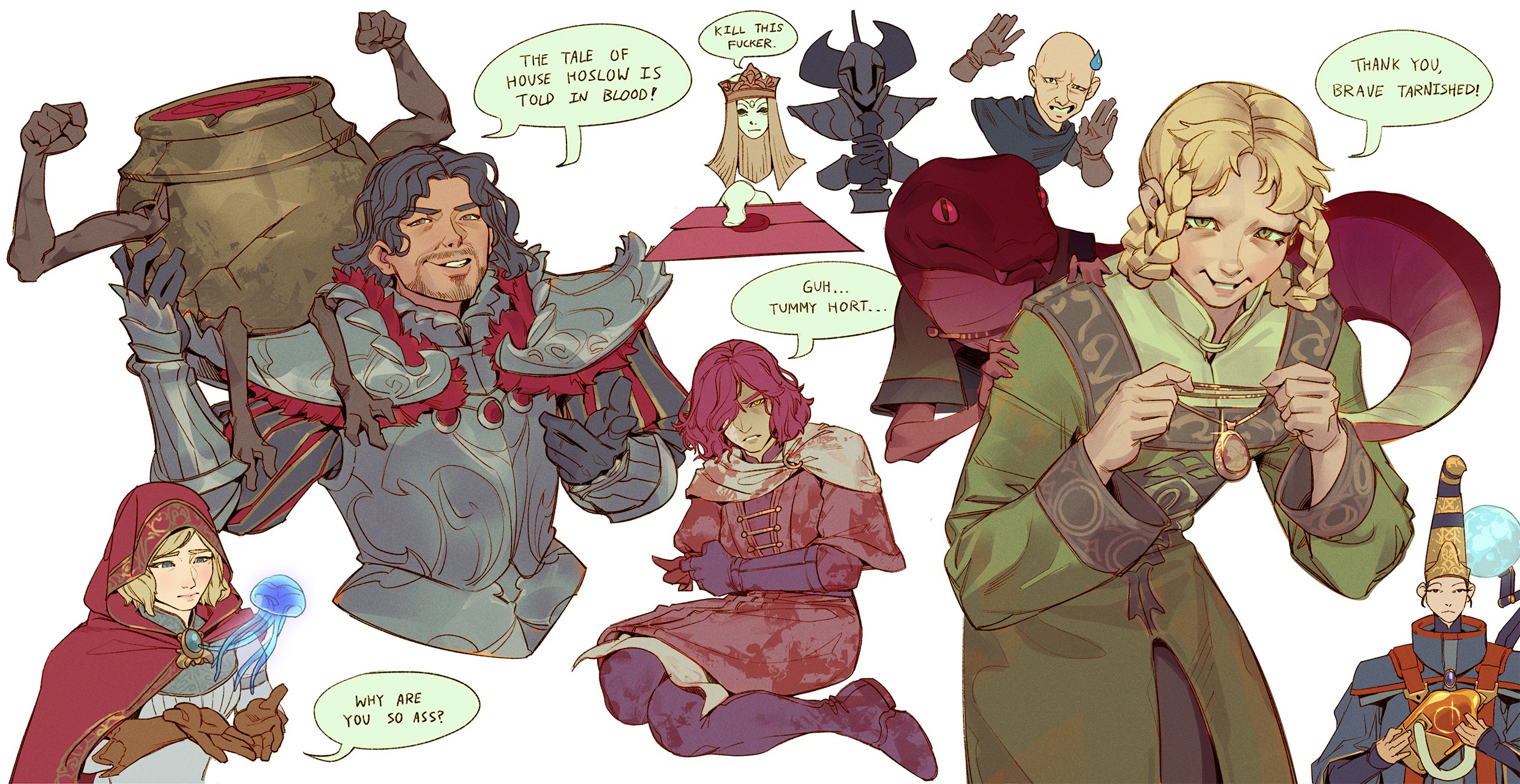 2boys 2others 5girls armor bald black_hair blonde_hair breastplate character_request cloak crucible_knight diallos_(elden_ring) dress elden_ring english_text facial_hair green_dress green_eyes hair_over_one_eye hair_rings highres hood hooded_cloak ian_su jar_bairn lady_tanith_(elden_ring) living_jar_(elden_ring) lizard millicent_(elden_ring) multiple_boys multiple_girls multiple_others patches_(fromsoftware) pauldrons red_cloak red_hair red_hood rennala_queen_of_the_full_moon roderika_(elden_ring) rya_(elden_ring) shoulder_armor simple_background speech_bubble stubble sweatdrop tanith_(bridal)_(fire_emblem) white_background