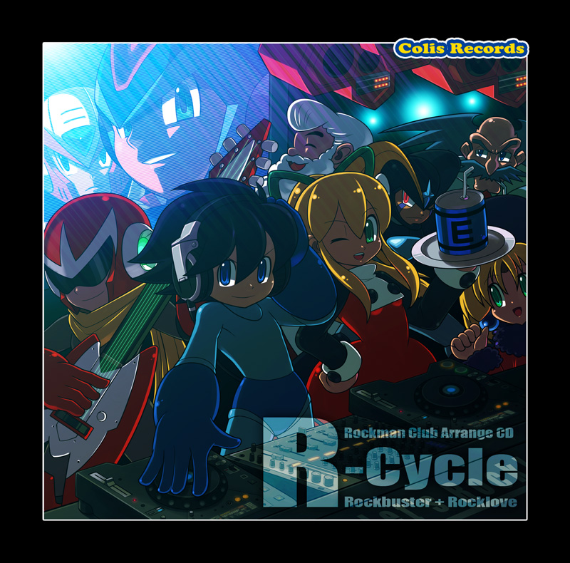 2girls 6+boys android bass_(mega_man) beard blonde_hair blue_eyes capcom dr._light_(mega_man) dr._wily_(mega_man) electric_guitar energy_tank facial_hair go! green_eyes guitar hand_on_own_hip headphones hip_focus instrument kalinka_cossack_(mega_man) mega_man_(character) mega_man_(classic) mega_man_(series) mega_man_x_(series) multiple_boys multiple_girls one_eye_closed phonograph proto_man red_eyes roll_(mega_man) turntable wink x_(mega_man) zero_(mega_man)