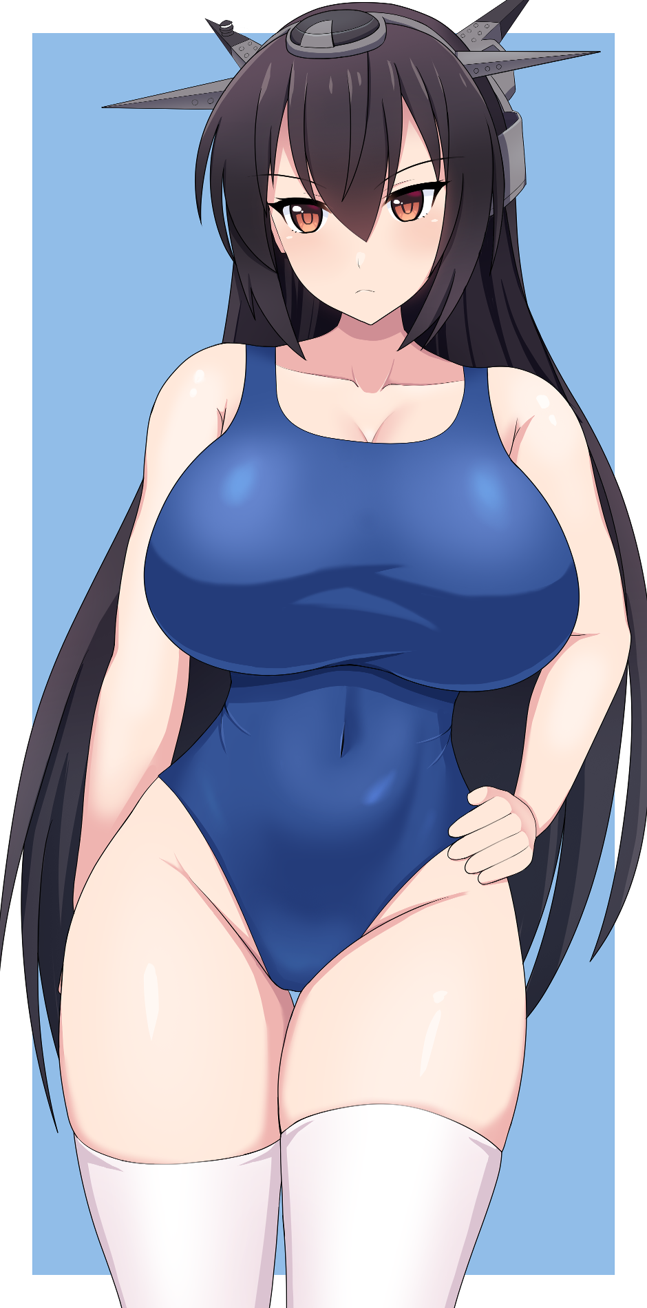 1girl black_hair blue_background blue_one-piece_swimsuit border breasts competition_swimsuit covered_navel cowboy_shot hand_on_own_hip headgear highleg highleg_one-piece_swimsuit highres kantai_collection large_breasts long_hair looking_at_viewer nagato_(kancolle) one-piece_swimsuit red_eyes solo sumiboshi_(zatsuha) swimsuit thighhighs white_border white_thighhighs